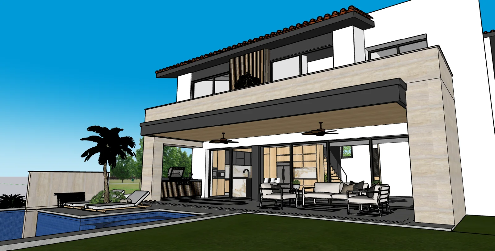 Render de la fachada posterior de Casa Paraíso con alberca